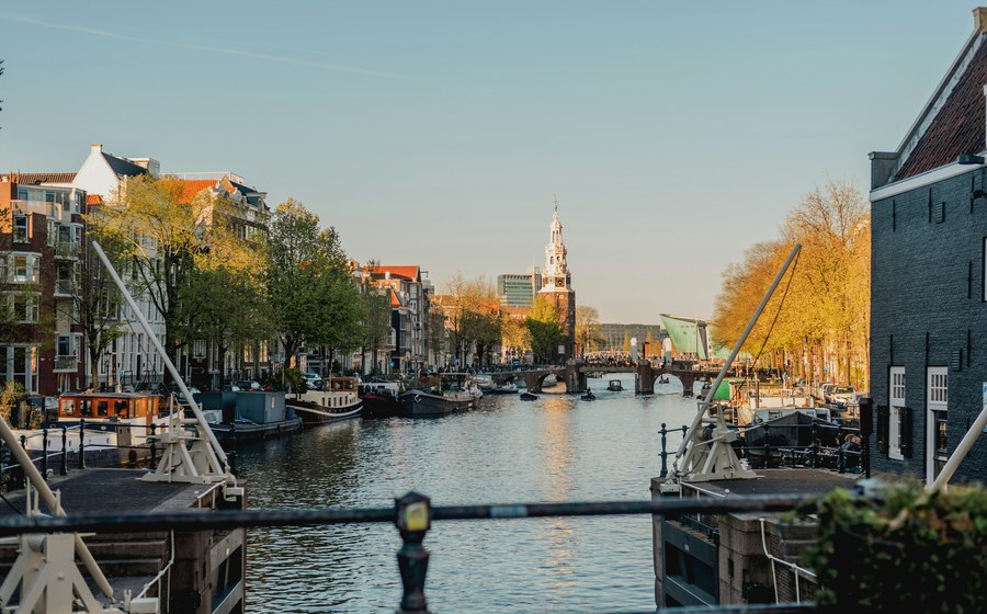 Panoramic view of Amsterdam canals and city centre near 1012 RJ